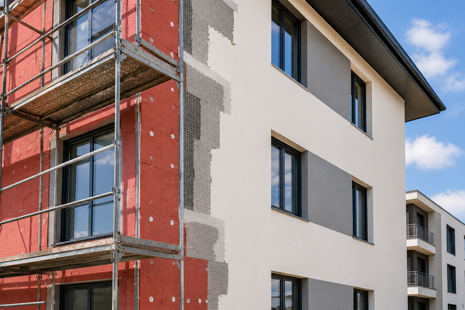 Fassadendämmung (WDVS) – Handwerker dämmt eine Hausfassade